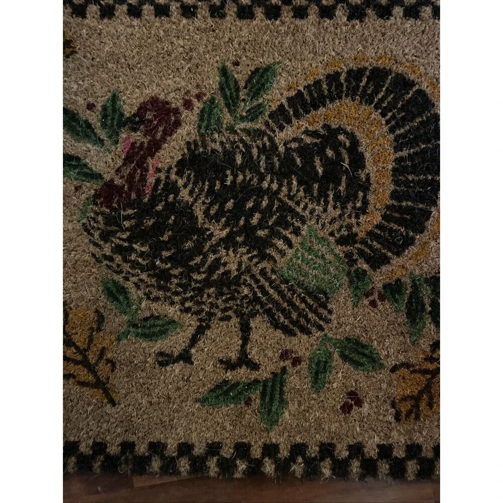 Thanksgiving Autumn Turkey Coir Hair Country Plaid Border Doormat 18”x30”